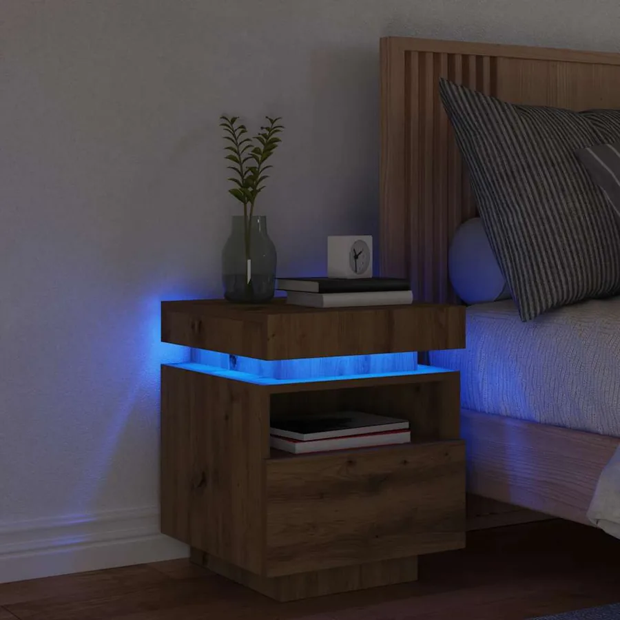 Armoire de chevet et lumières LED chêne artisanal 40x39x48,5 cm - 3