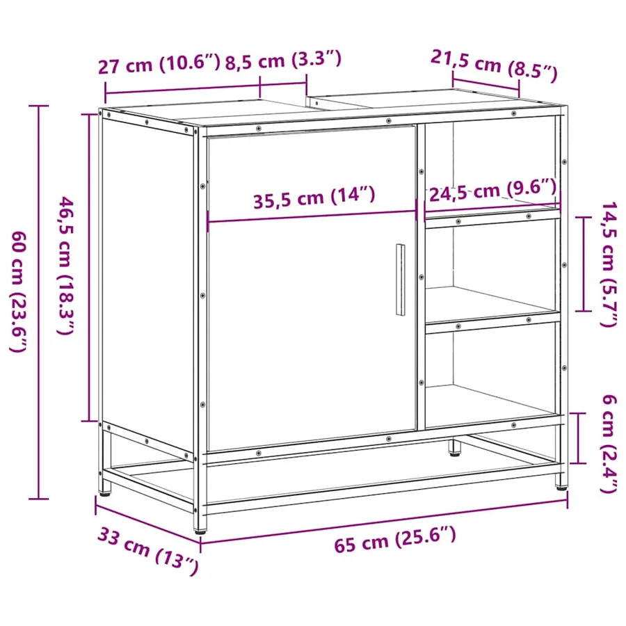 Armoire de lavabo de salle de bain chêne fumé 65x33x60 cm - 12