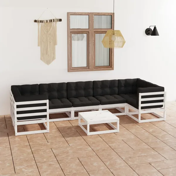 Salon de jardin avec coussins 8 pcs blanc bois de pin massif