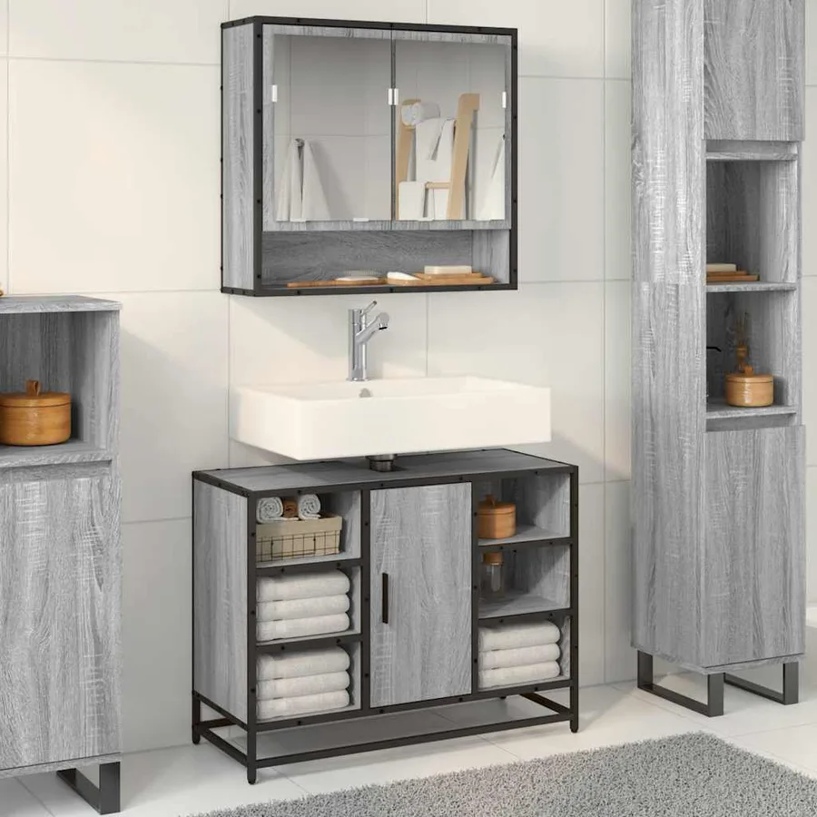 Armoire lavabo de salle de bain sonoma gris bois d'ingénierie - 4