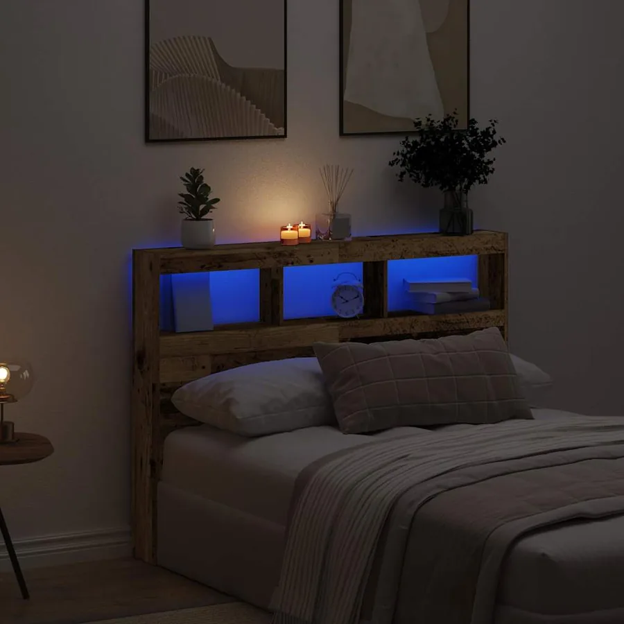 Armoire tête de lit avec LED vieux bois 140x17x102 cm
