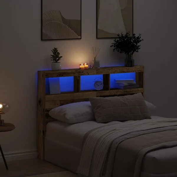 Armoire tête de lit avec LED vieux bois 140x17x102 cm