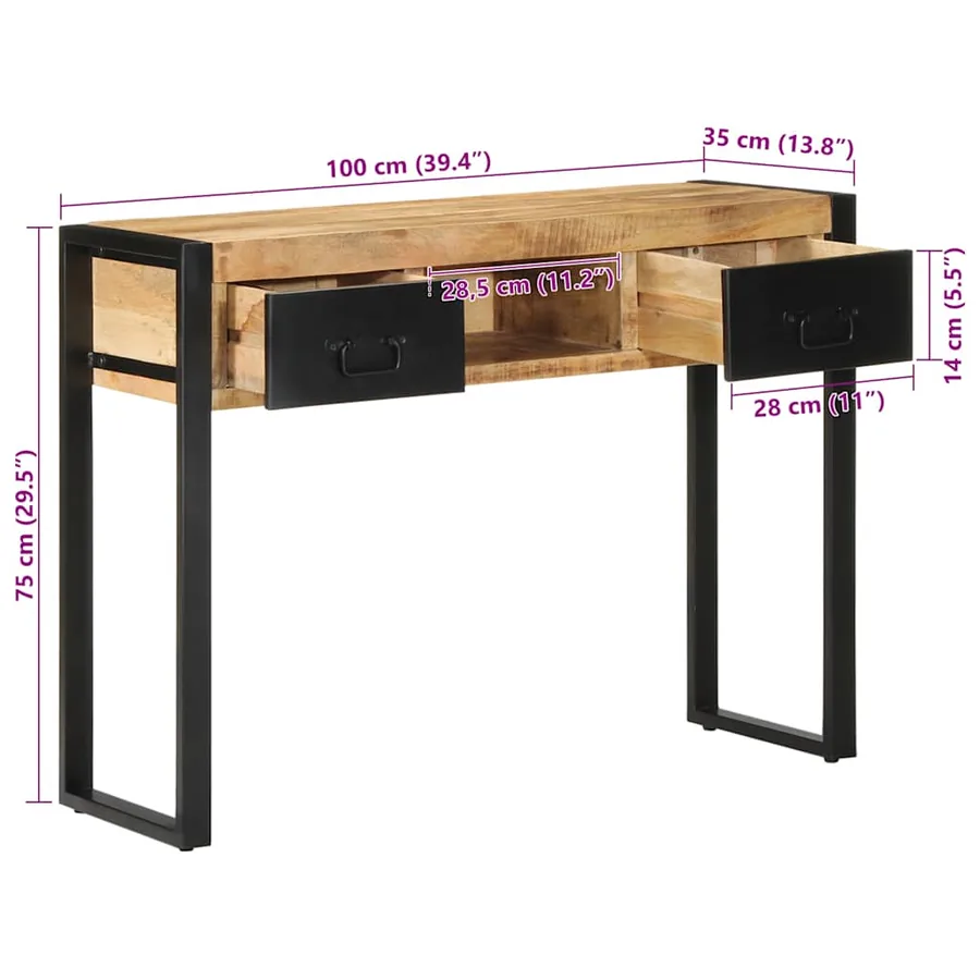 Table console 100x35x75 cm bois de manguier massif brut - 10
