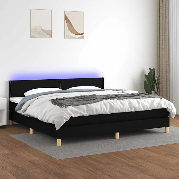 Sommier à lattes de lit et matelas et LED Noir 200x200 cm Tissu