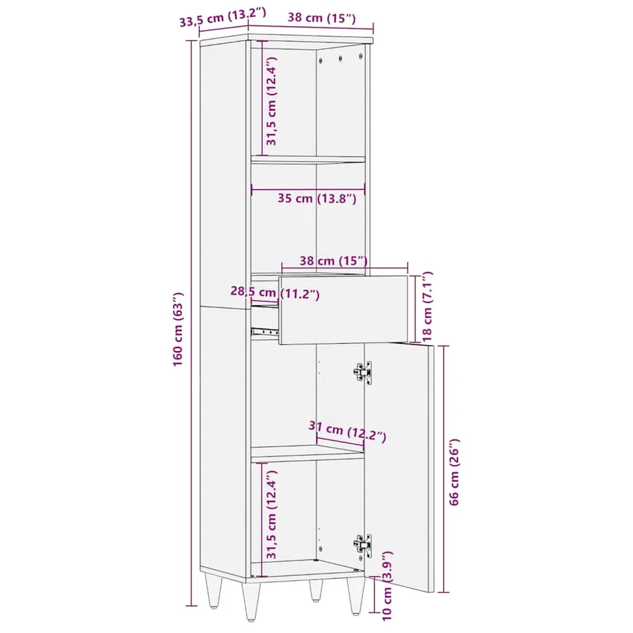 Armoire de salle de bain 38x33,5x160 cm bois massif de manguier - 12