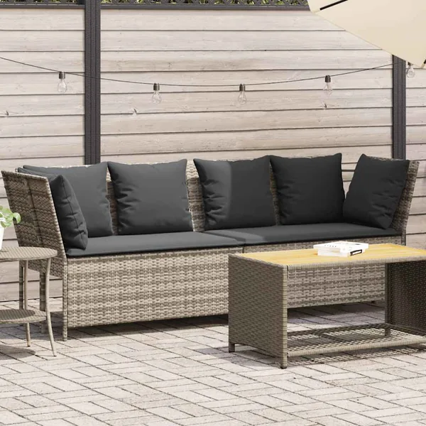 Canapé de jardin et coussins gris clair résine tressée