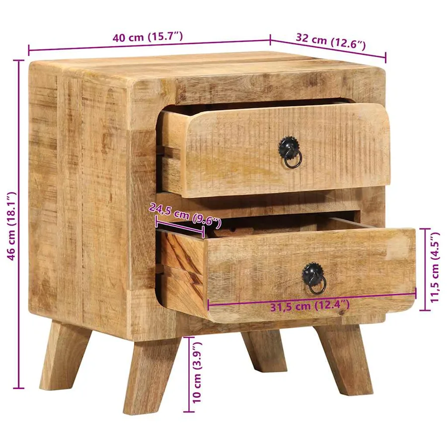 Table de chevet 2 pcs 40x32x46 cm bois massif de manguier brut - 11