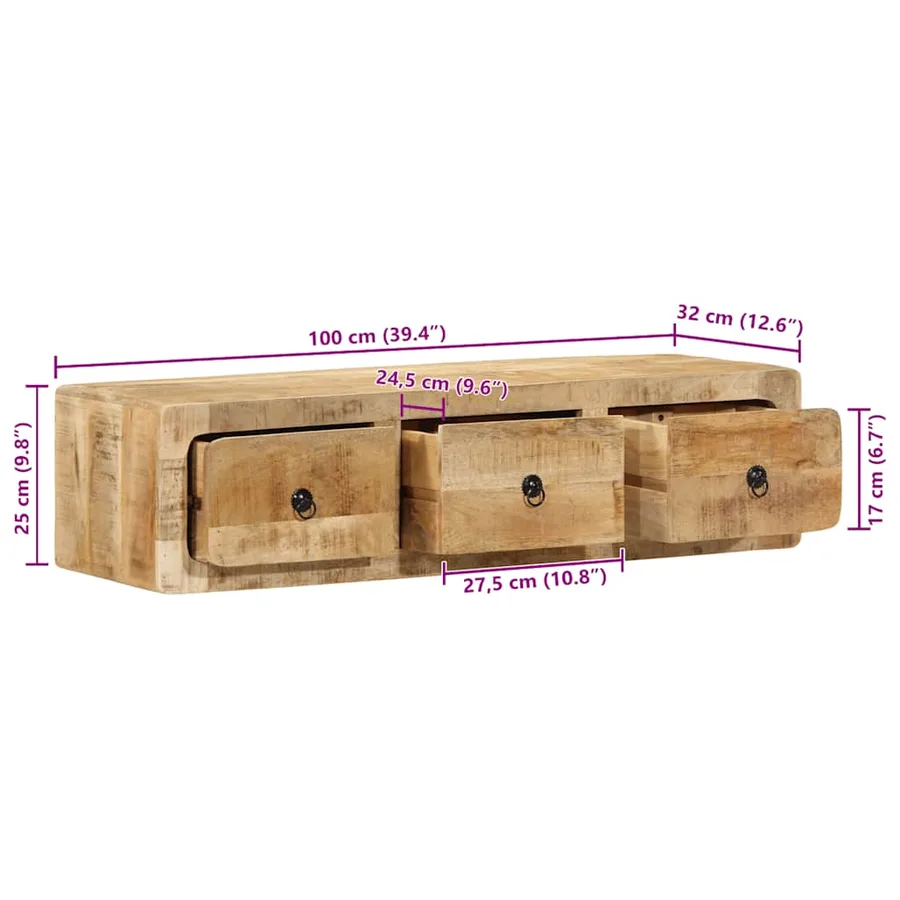 Meuble TV mural 100x32x25 cm bois massif manguier brut - 10