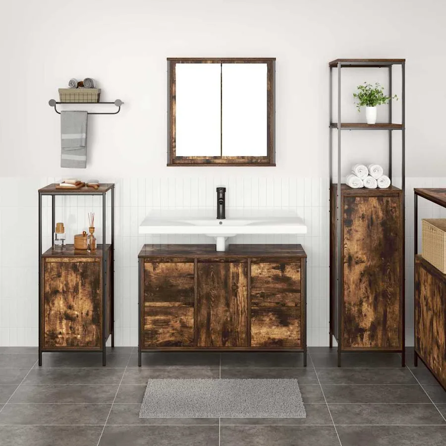 Ensemble de mobilier de salle de bain 3 pcs Chêne fumé et noir - 4