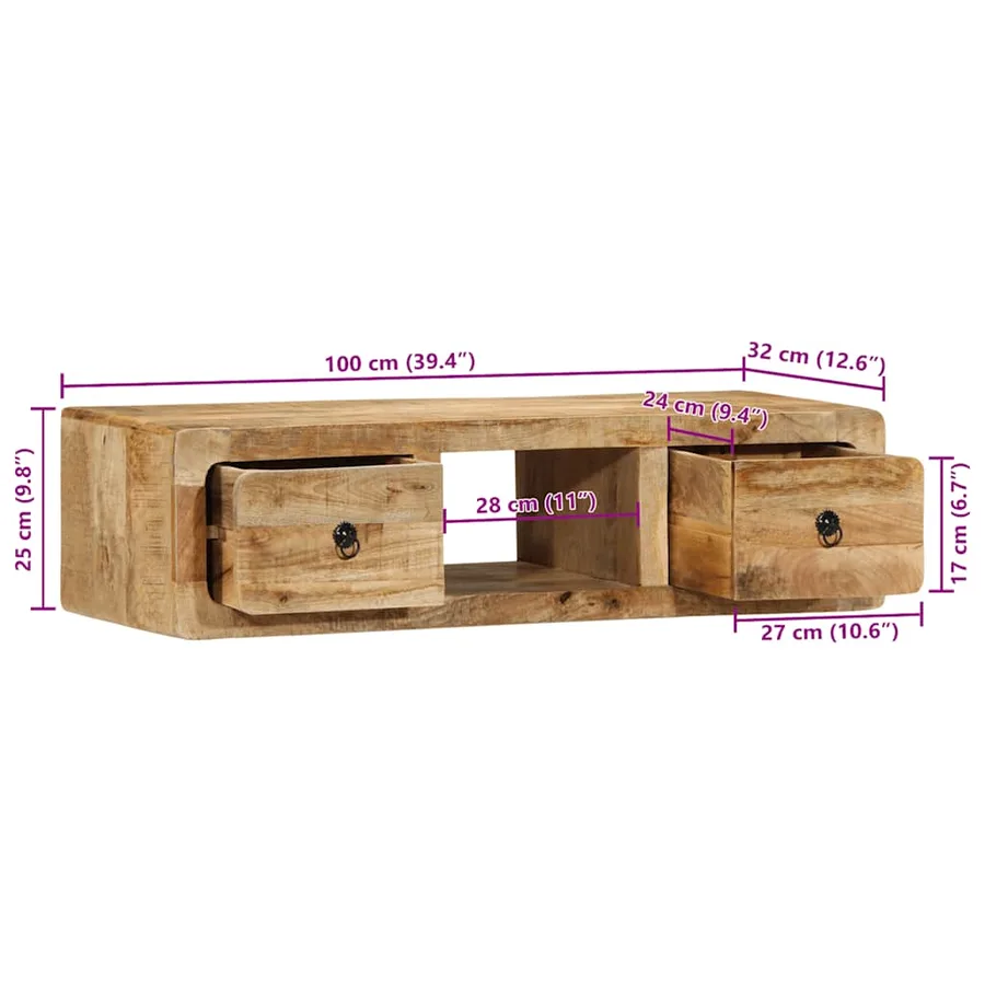 Meuble TV mural 100x32x25 cm bois massif manguier brut - 10