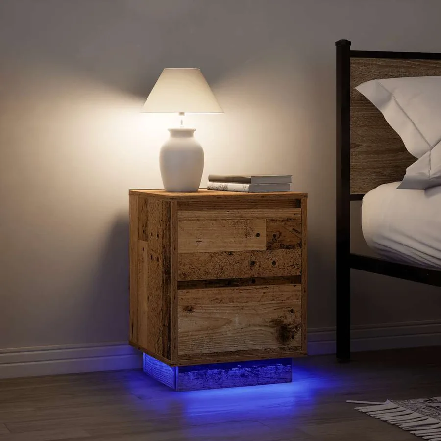 Table de chevet avec lumières LED vieux bois 38x34x50 cm - 5