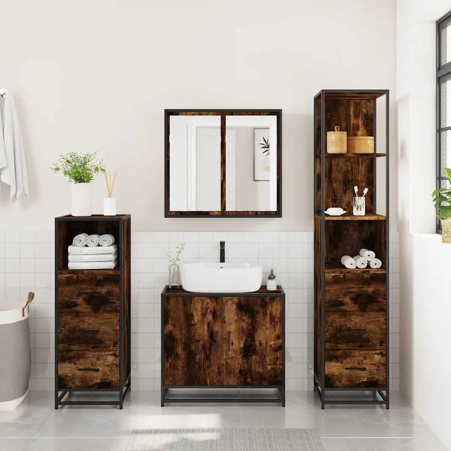 Ensemble meubles salle de bain 4 pcs chêne fumé bois ingénierie - 3
