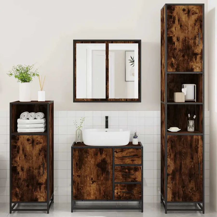 Ensemble meubles salle de bain 4 pcs chêne fumé bois ingénierie - 3