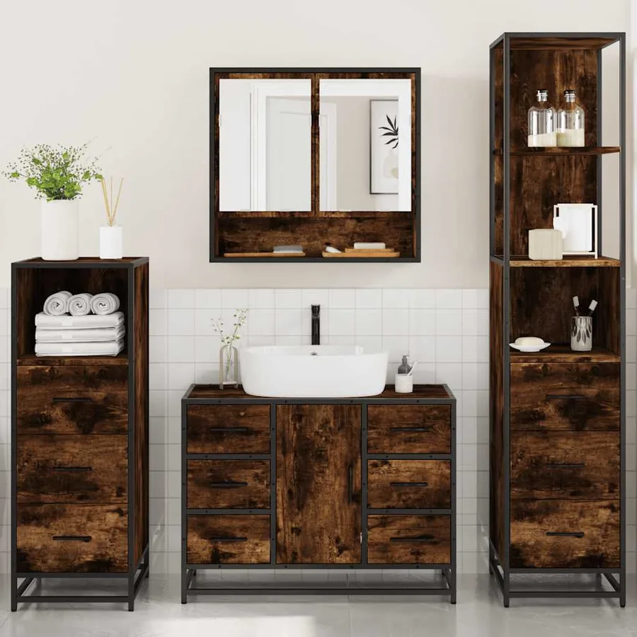Ensemble meubles salle de bain 4 pcs chêne fumé bois ingénierie - 3