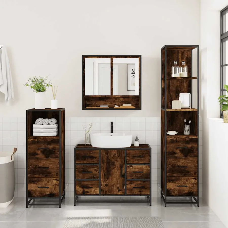 Ensemble meubles salle de bain 4 pcs chêne fumé bois ingénierie - 4
