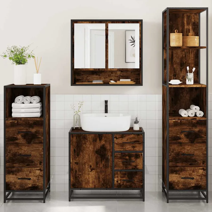 Ensemble meubles salle de bain 4 pcs chêne fumé bois ingénierie - 3