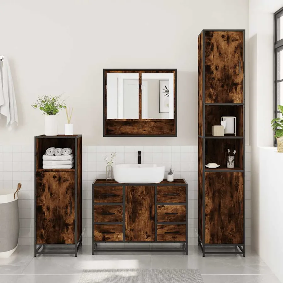 Ensemble meubles salle de bain 4 pcs chêne fumé bois ingénierie - 3