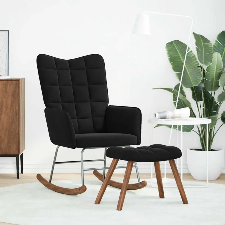 Chaise à bascule avec tabouret en velours noir - 2