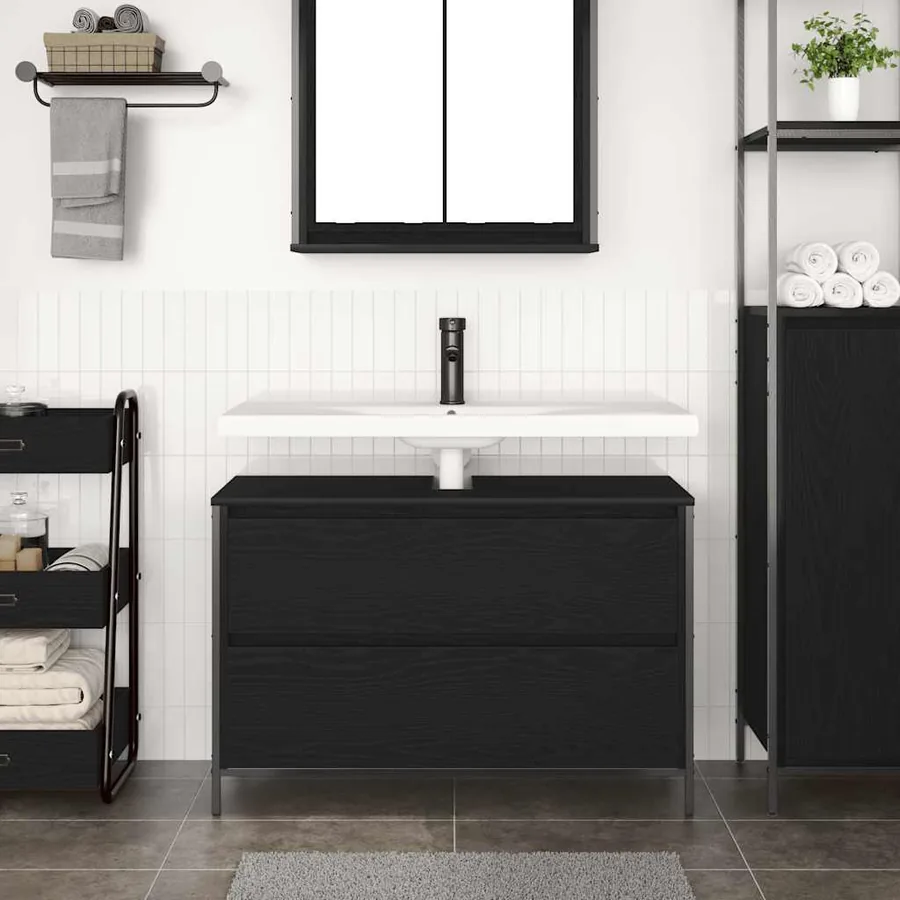 Meuble de salle de bain lavabo tiroirs chêne noir 90x34,5x60 cm - 3