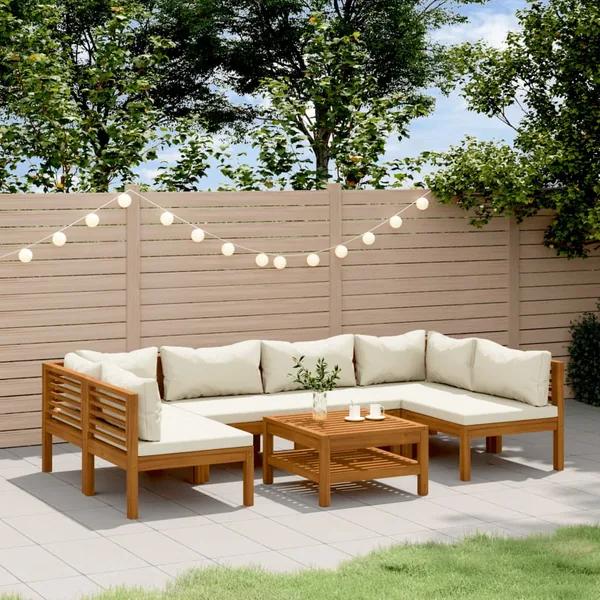 Salon de jardin 7 pcs avec coussin crème Bois d'acacia solide