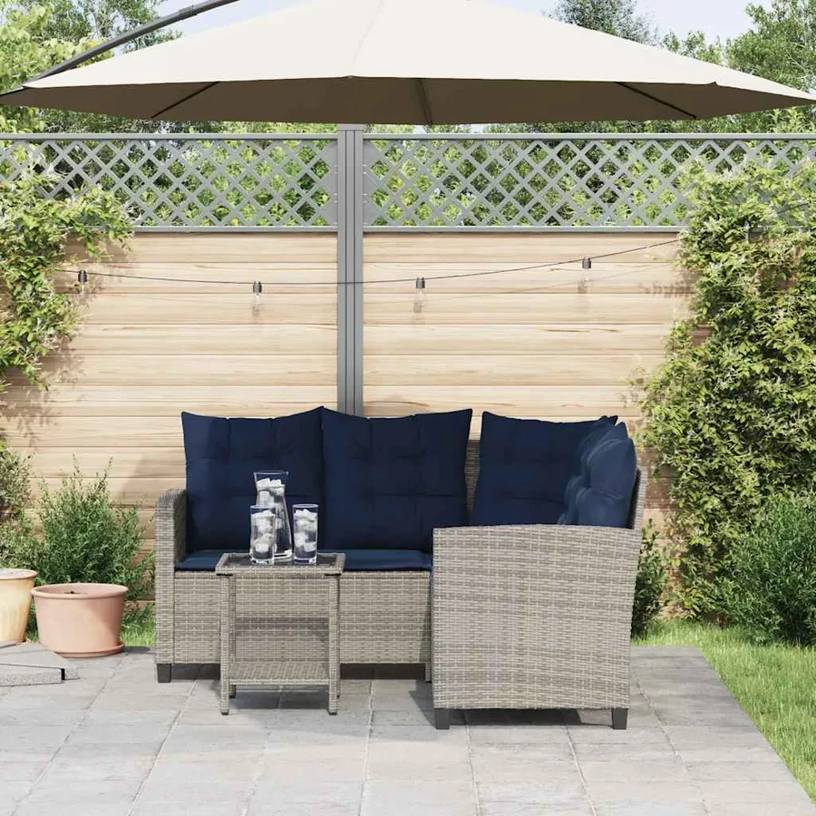 Canapé de jardin avec table et coussins en forme de L gris - 3