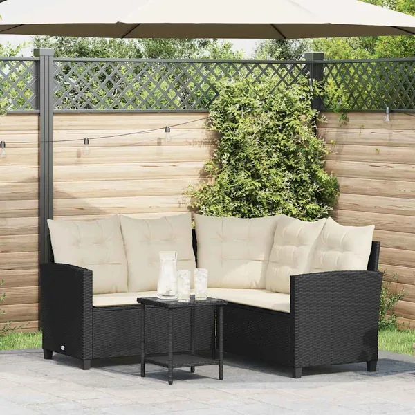 Canapé de jardin en L avec table et coussins noir résine tressée