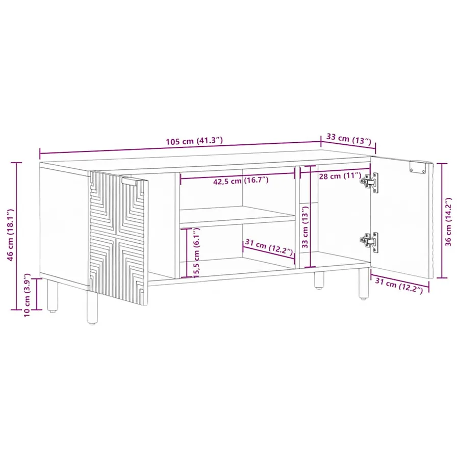 Meuble TV 105 x 33 x 46 cm en bois massif d'acacia - 10
