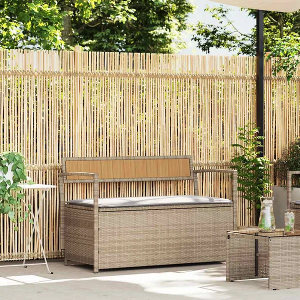 Banc de rangement de jardin avec coussin beige résine tressée