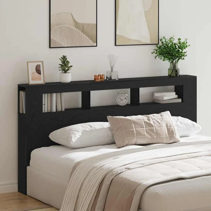 Tête de lit LED avec étagère Chêne noir 200 x 18,5 x 103,5 cm
