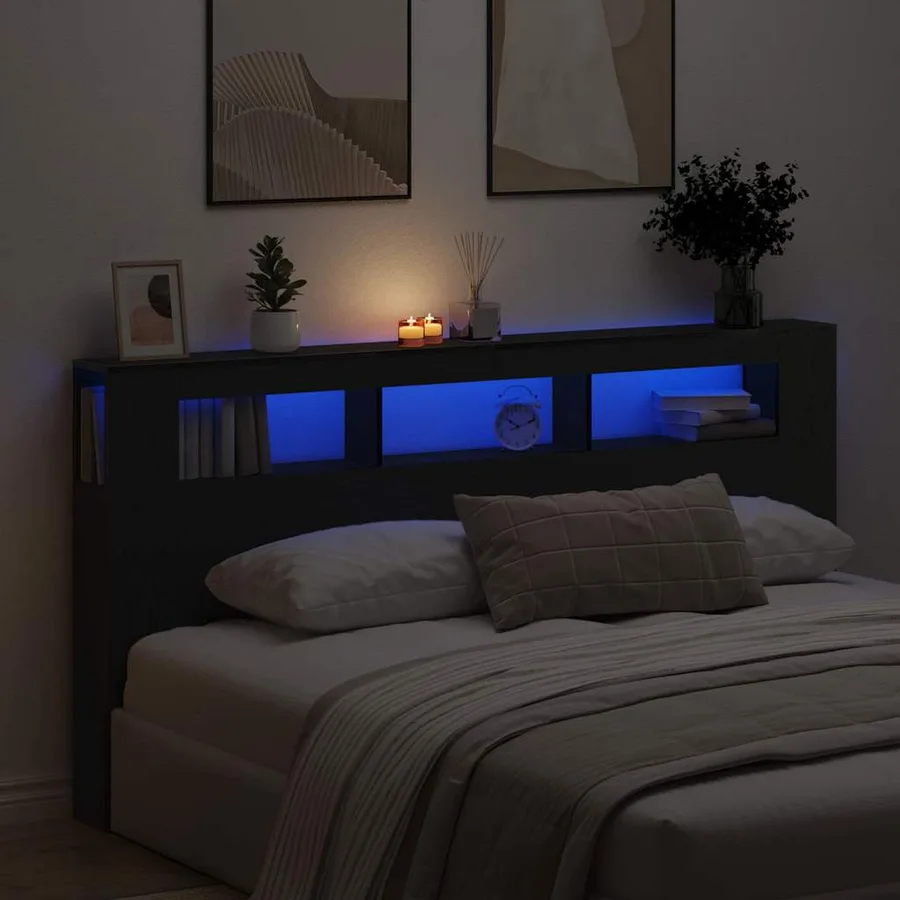 Tête de lit LED avec étagère Chêne noir 200 x 18,5 x 103,5 cm - 4