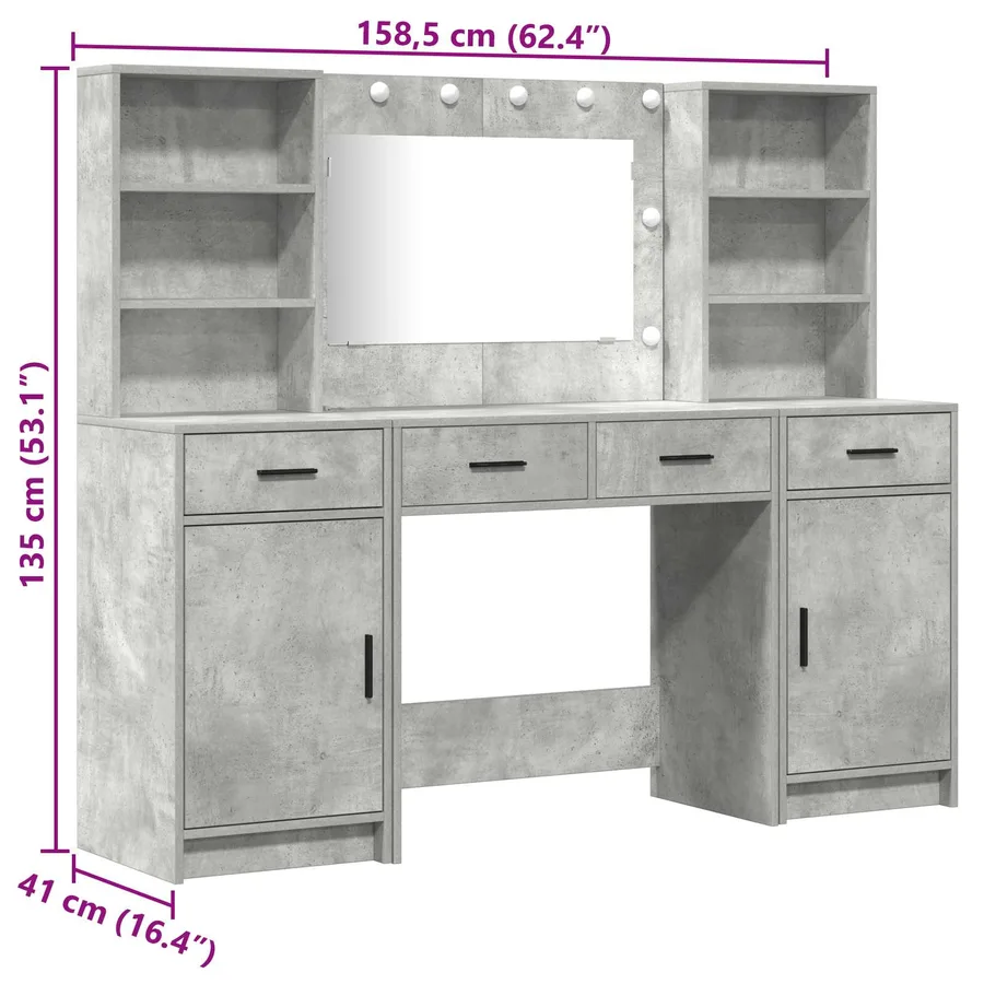 Ensemble de table de maquillage avec LED 3 pcs Gris béton - 15