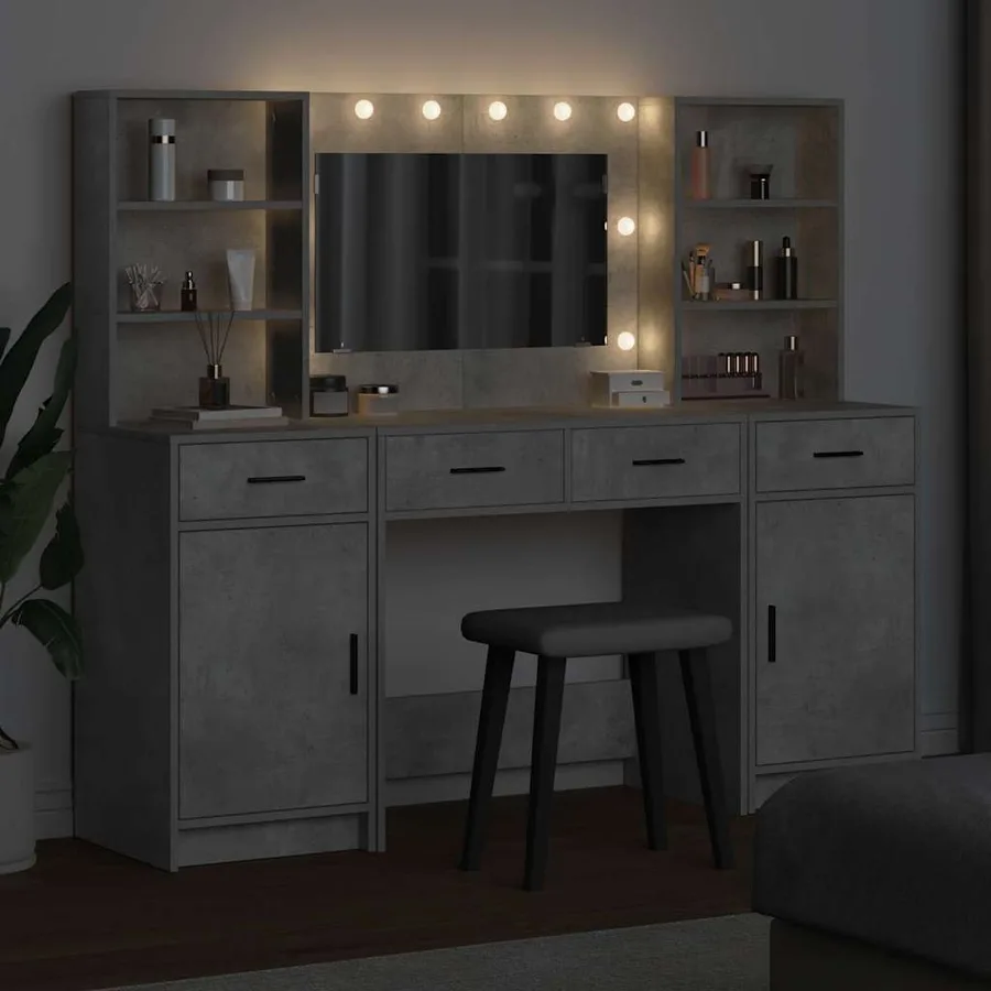 Ensemble de table de maquillage avec LED 3 pcs Gris béton - 4