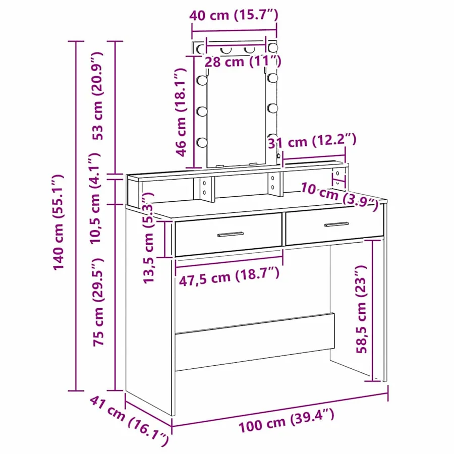 Table de Toilette Gris 100 x 41 x 140 cm Bois d'ingénierie - 12