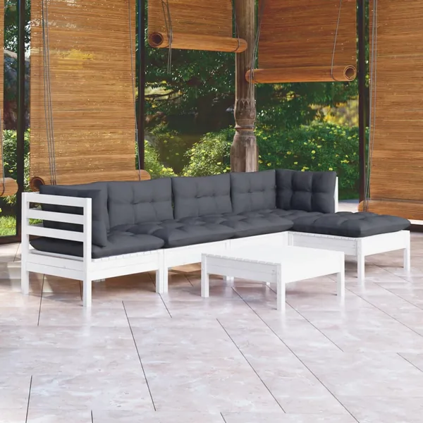 Salon de jardin 6 pcs avec coussins blanc bois de pin