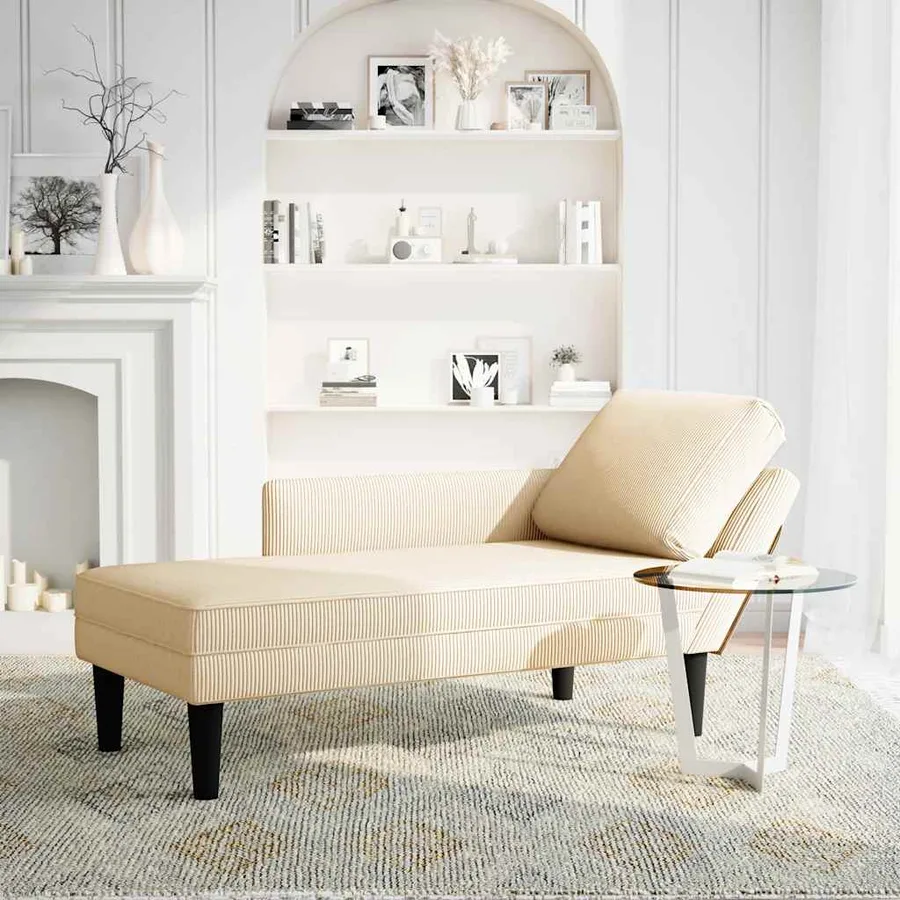 Chaise longue avec coussin crème tissu en velours côtelé - 2