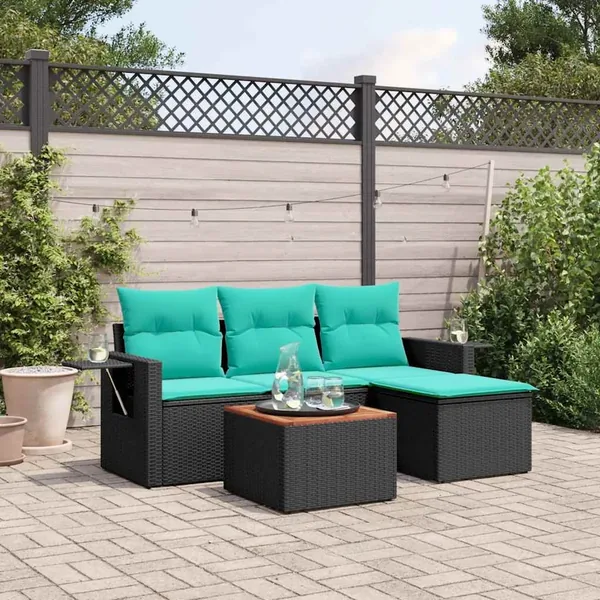 Ensemble de canapé de jardin 5 pcs avec coussins noir résine tressée