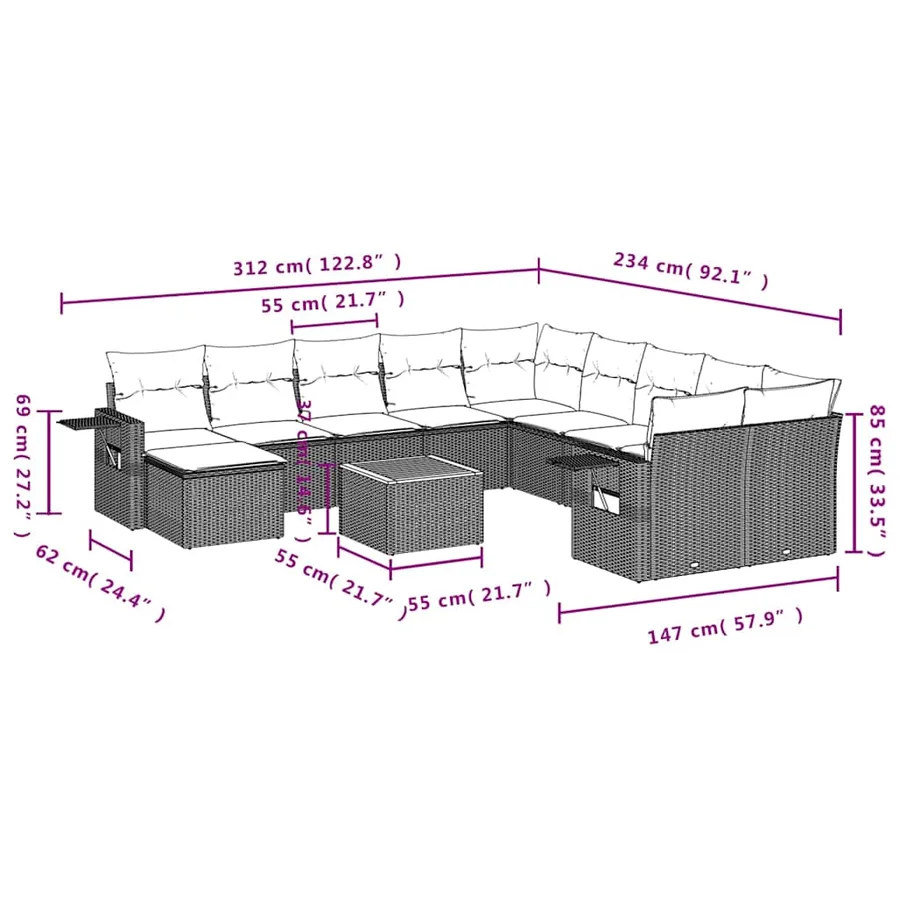 Ensemble de canapé de jardin 12 pcs avec coussins noir résine tressée - 10