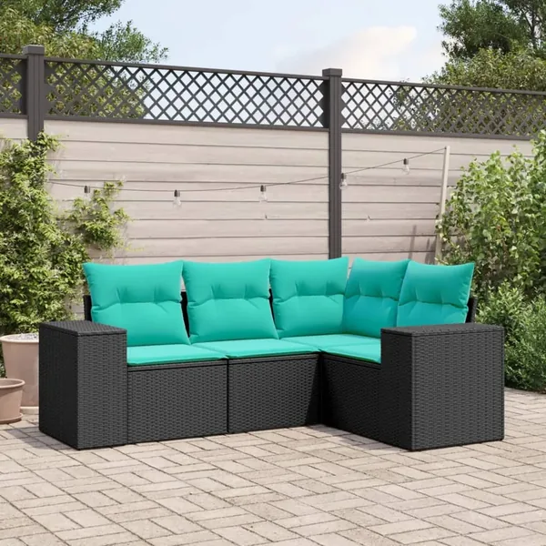 Salon de jardin 4 pcs avec coussins noir résine tressée