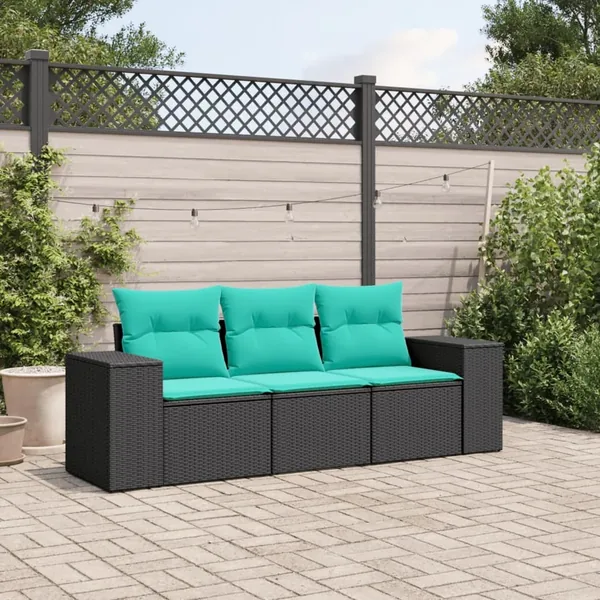 Salon de jardin 3 pcs avec coussins noir résine tressée