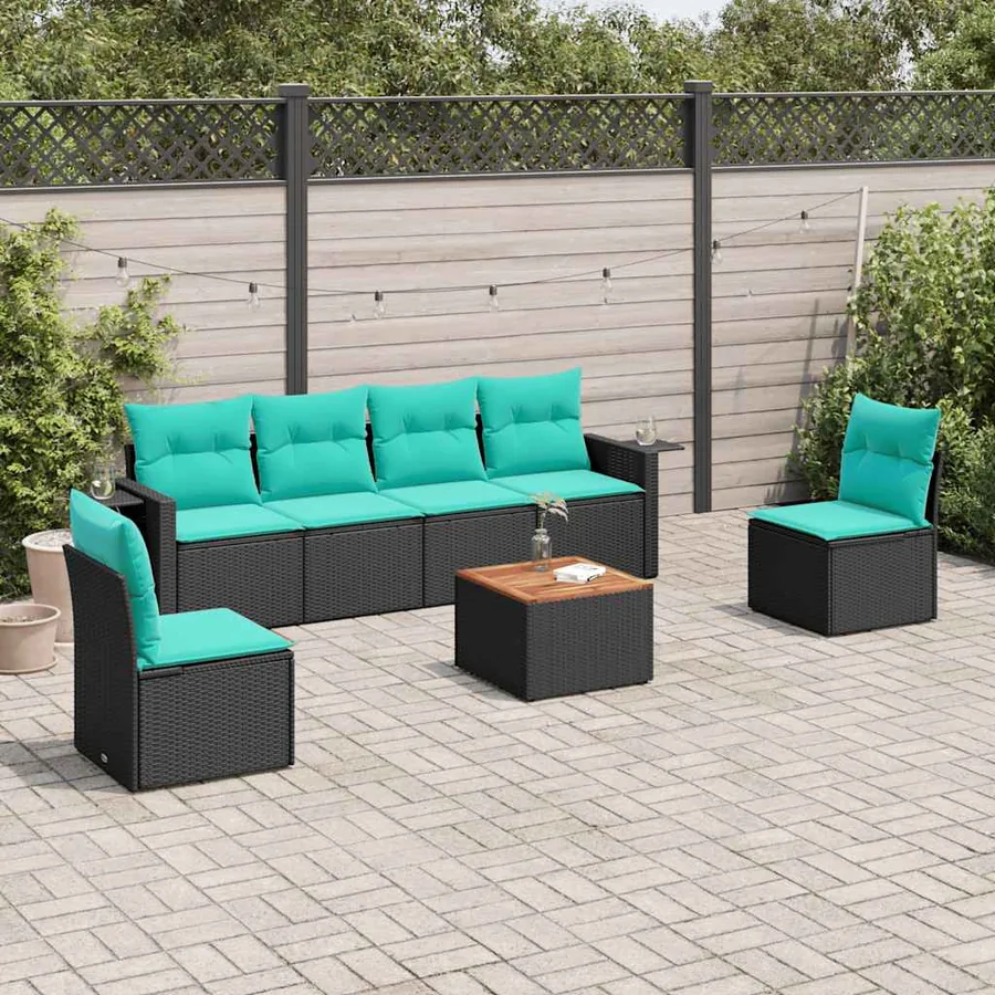Ensemble de canapé de jardin 7 pcs avec coussins noir résine tressée