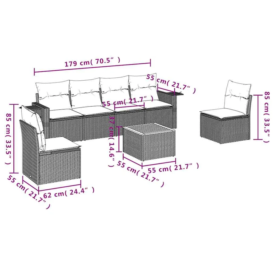 Ensemble de canapé de jardin 7 pcs avec coussins noir résine tressée - 8