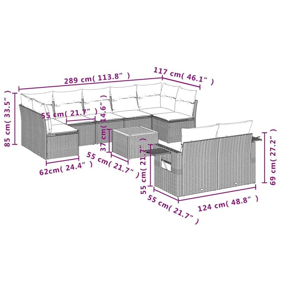 Ensemble de canapé de jardin 10 pcs avec coussins noir résine tressée - 9