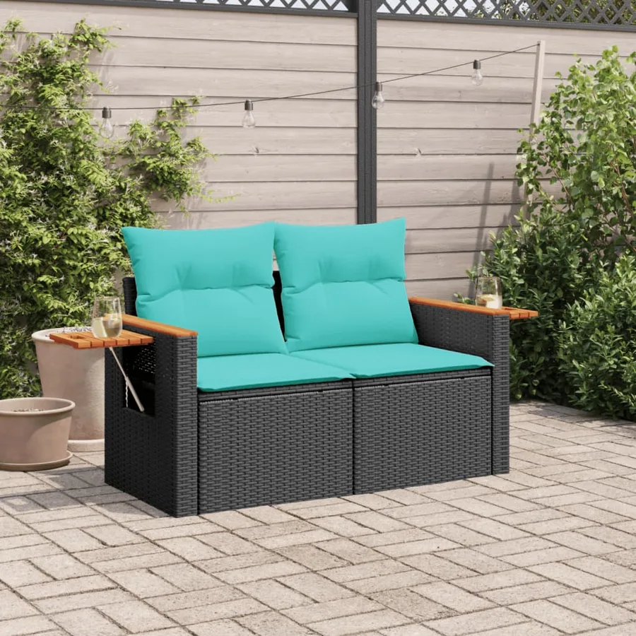 Canapé de jardin avec coussins 2 places en résine tressée noire - 3
