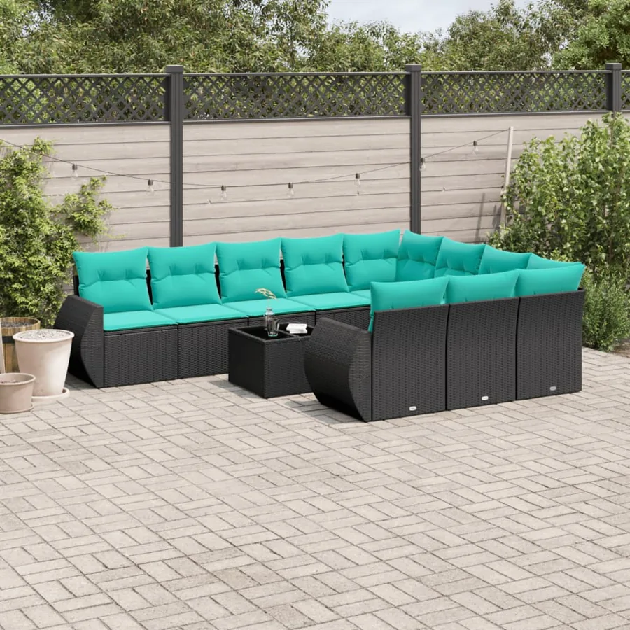 Ensemble de canapé de jardin 11 pcs avec coussins noir résine tressée