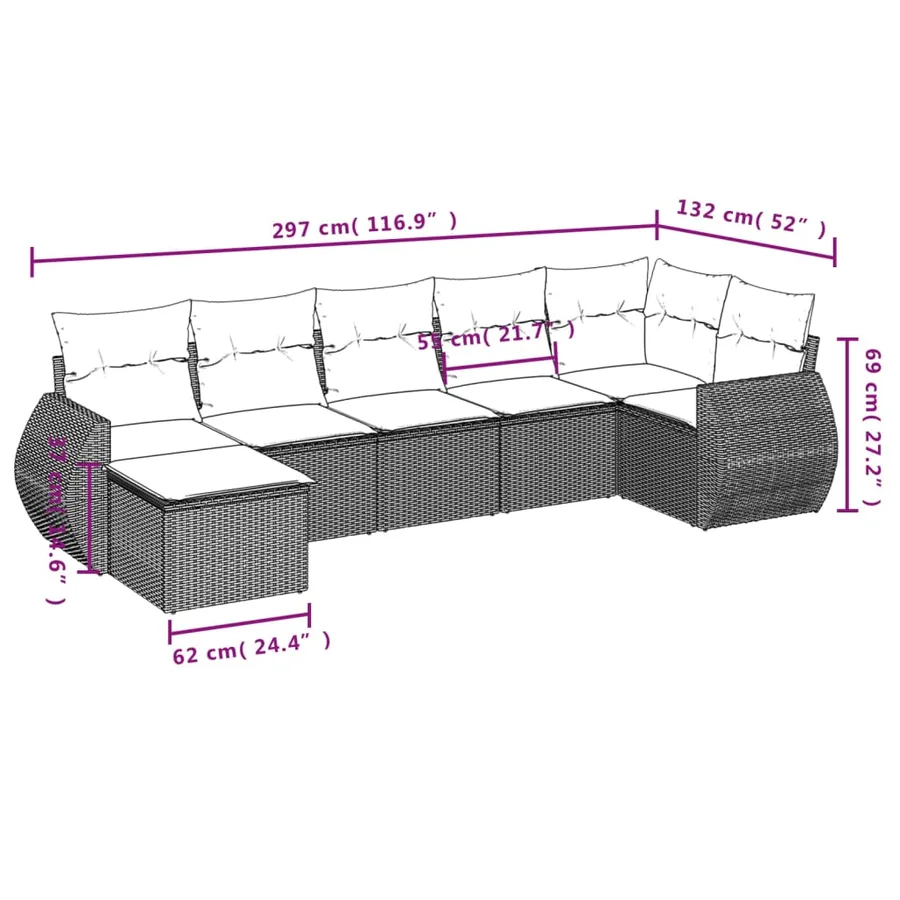 Salon de jardin 7 pcs avec coussins noir résine tressée 62 x 62 x 69 cm - 55,2 kg - 8