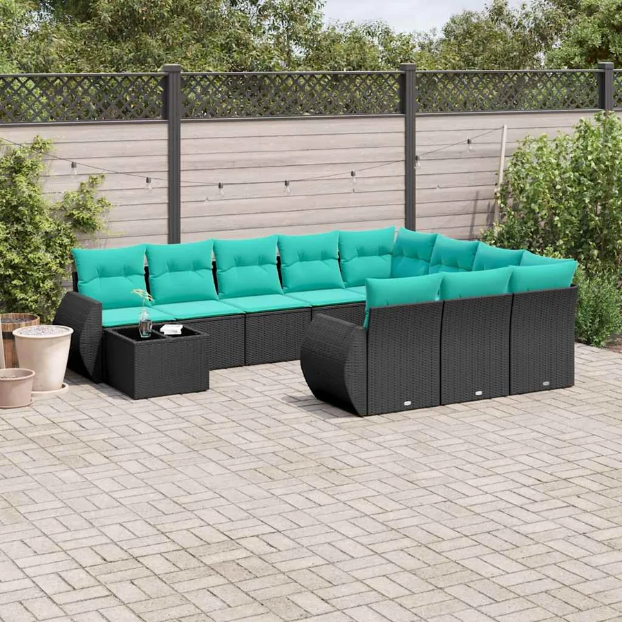 Ensemble de canapé de jardin 11 pcs avec coussins noir résine tressée