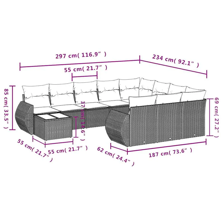 Ensemble de canapé de jardin 11 pcs avec coussins noir résine tressée - 8