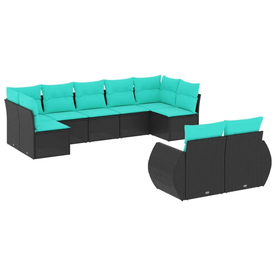 Salon de jardin 9 pcs avec coussins noir résine tressée - 2
