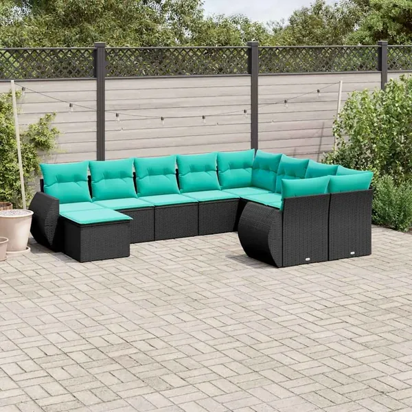 Ensemble de canapé de jardin 10 pcs avec coussins noir résine tressée