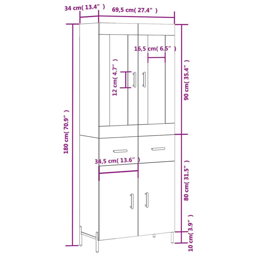 Buffet haut Sonoma gris 69,5x34x180 cm Bois d'ingénierie - 14